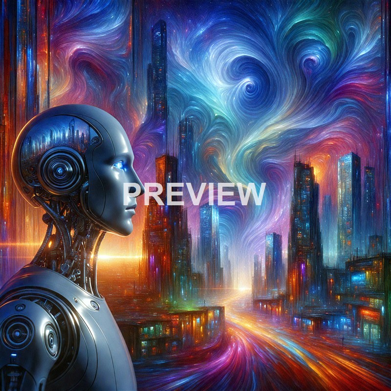 A futuristic humanoid robot with a sleek metallic face and glowing blue eye stands against a vibrant, swirling cityscape filled with tall, illuminated skyscrapers and colorful, cosmic-like sky patterns.